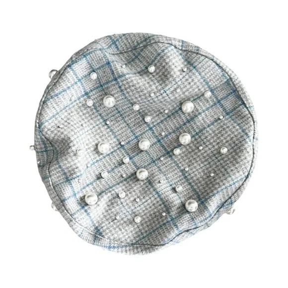 NWT LELE SADOUGHI Gingham Plaid Blue Pearl Embellishment Beret - Picture 3 of 6